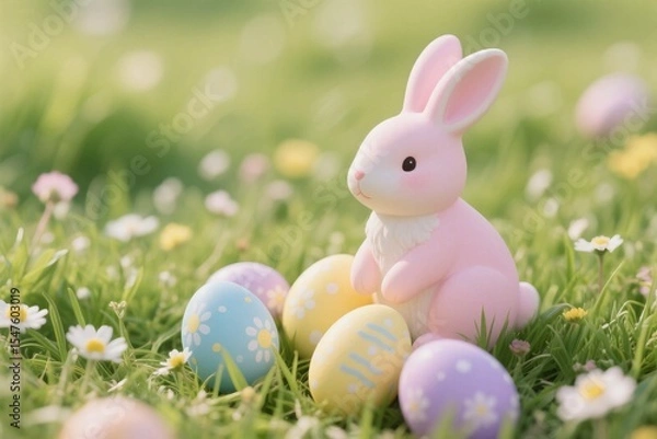 Fototapeta Easter bunny with colorful eggs on grass during spring celebration
