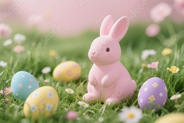 Fototapeta Easter bunny with colorful eggs on grass during spring celebration