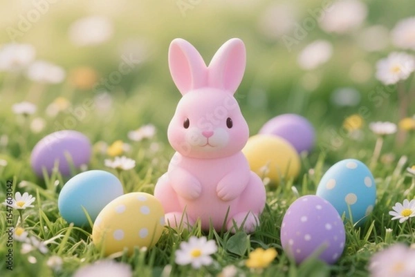 Fototapeta Easter bunny with colorful eggs on grass during spring celebration