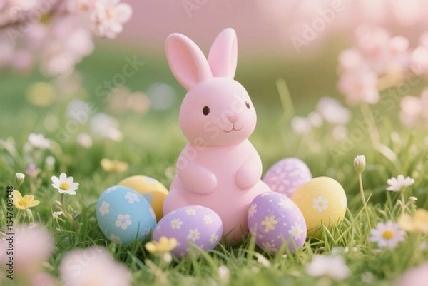 Fototapeta Easter bunny with colorful eggs on grass during spring celebration