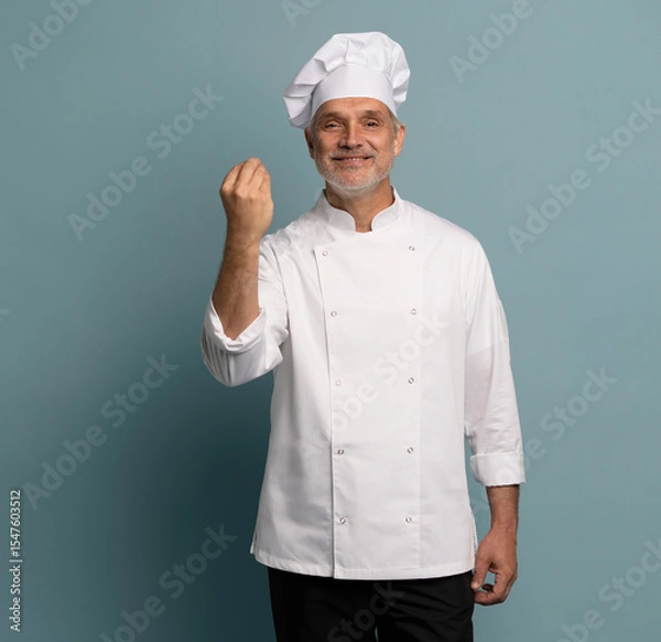 Fototapeta Happy chef in uniform on blue background.