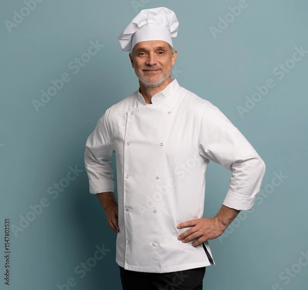 Fototapeta Happy chef in uniform on blue background.