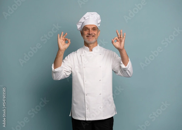 Fototapeta Portrait of a smiling male chef cook showing ok sign isolated on blue background.