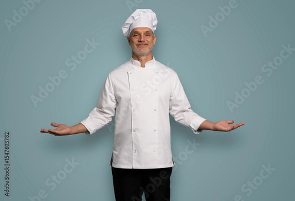 Fototapeta Happy chef in uniform on blue background.
