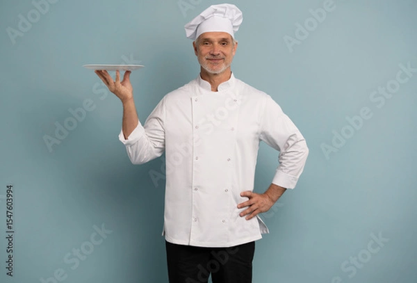 Fototapeta Portrait of chef, empty plate and smile, presenting menu special promo deal or restaurant product placement