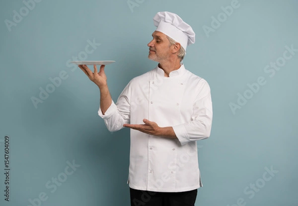 Fototapeta Portrait of chef, empty plate and smile, presenting menu special promo deal or restaurant product placement