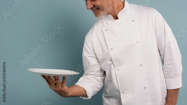 Fototapeta Portrait of chef, empty plate and smile, presenting menu special promo deal or restaurant product placement