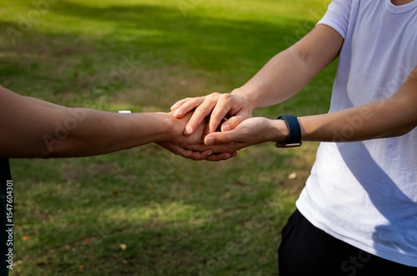 Fototapeta Man hand as lending a helping hand as trust together with compassion concept as lens flare scene at park