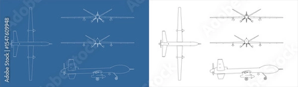 Fototapeta Set  UAV military drone Vector blueprint line art draw wireframe  isolated on blue and transparent background
