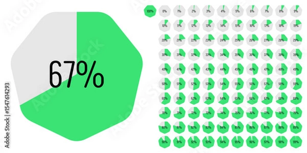 Obraz Set of heptagon percentage diagrams meters from 0 to 100 ready-to-use for web design, user interface UI or infographic - indicator with green