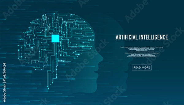 Fototapeta Artificial Intelligence illustration of brain. Machine learning concept. Abstract glowing brain connections. Particles liquid dynamic flow. Graphic concept for your design