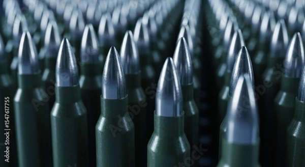 Obraz Rows of military rifle bullets with metallic tips and green casings, close up view