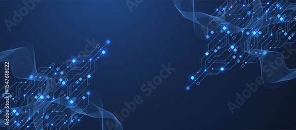 Fototapeta Artificial Intelligence or machine learning vector design. Quantum computer technology concept with circuit board and motherboard texture background design. Waves flow quantum explosion