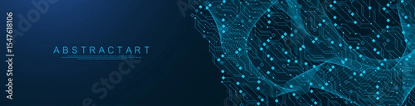 Fototapeta Artificial Intelligence or machine learning vector design. Quantum computer technology concept with circuit board and motherboard texture background design. Waves flow quantum explosion