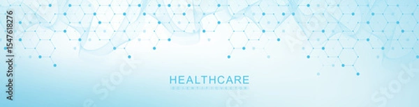 Obraz Modern health care or medical background design. Health care innovation concept. Horizontal header web banner. Abstract geometric background with hexagon shapes for medicine, science, chemistry.