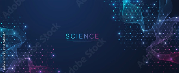 Obraz Molecular abstract structure and genetic engineering DNA. Healthcare and medicine background concept. Scientific research background. Wave flow. Innovation pattern. Vector illustration.