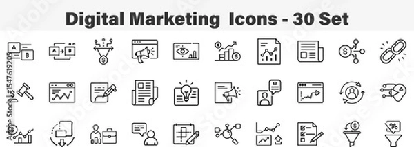 Fototapeta Set of 30 outline Digital Marketing  Icons. Line art icon collection. Editable stroke. Vector illustration
