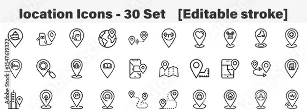 Fototapeta Set of 30 outline location icons. Line art icon collection. Editable stroke. Vector illustration