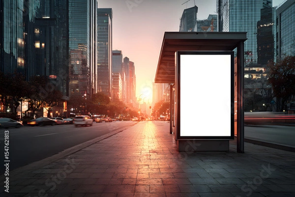 Fototapeta Blank vertical billboard on modern bus shelter in city street, realistic scene with soft sunset lighting and cinematic shallow depth of field
