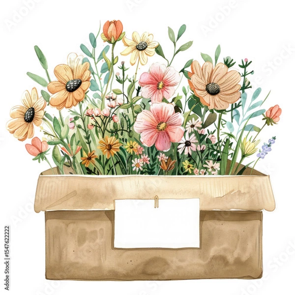 Fototapeta Illustration of a wooden box with a white blank for text filled with bright flowers and greenery isolated on a transparent background PNG. Element of a gift festive design