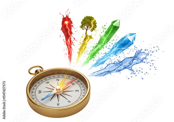Fototapeta A compass next to 4 colorful elements red fire yellow lightning tree green crystal and blue water set against a black background