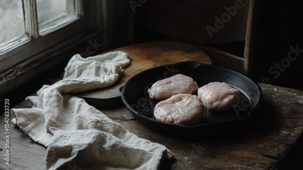 Fototapeta A close-up of two raw pork cutlets prepped for pan-frying, styled beside a cast iron skillet and a linen towel on a farmhouse table 