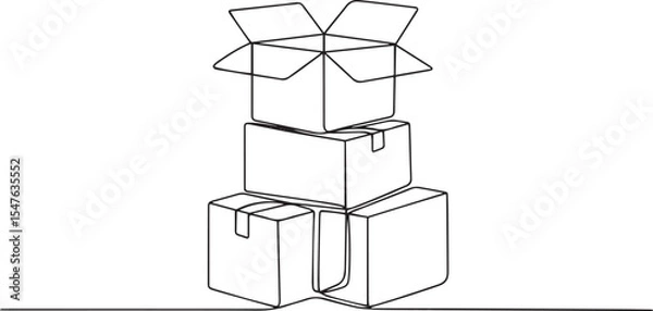 Fototapeta Continuous single line drawing of stacked cardboard boxes in pyramid formation with open top box on white background

