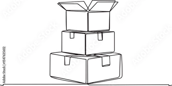 Fototapeta Continuous single line drawing of stacked cardboard boxes in pyramid formation with open top box on white background

