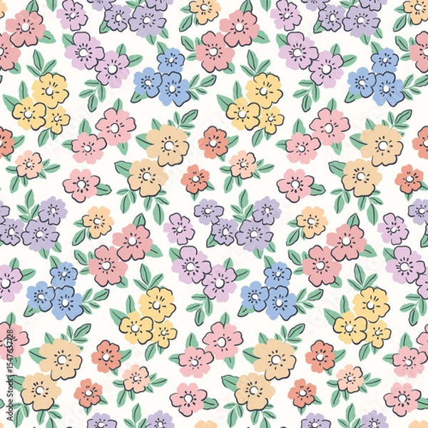 Fototapeta Seamless floral pattern, liberty ditsy print in cute girly style. Delicate botanical fabric, textile design of small hand drawn flowers, tiny leaves, simple pastel bouquets. Vector illustration.