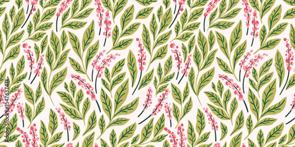 Fototapeta Seamless floral pattern, abstract wallpaper textile print in cute nature motif. Pretty botanical surface design of small hand drawn wild flowers, tiny green leaves, simple plants. Vector illustration.