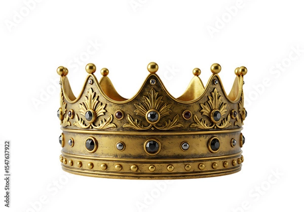 Fototapeta A gold crown detailed with black and red gems sits against a stark black background