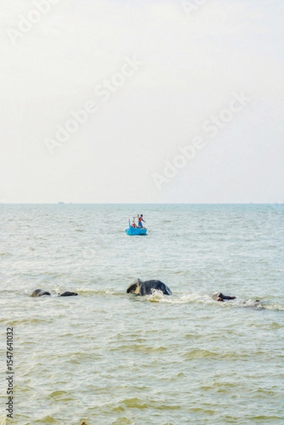 Obraz old man on a boat fishing in the sea from a distance