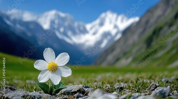 Obraz Alpine flower blooms against a backdrop of snow-capped peaks