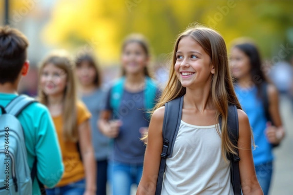 Obraz A group of smiling school children walks through a park filled with trees as the sun sets, sharing stories and enjoying the fresh air in the late afternoon. Back to school day. Generative AI.
