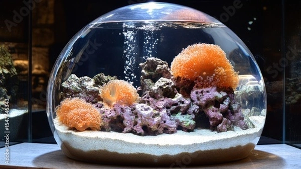 Obraz Clear, round aquarium with orange coral and rocks