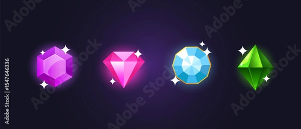 Fototapeta Vector shining precious gems different colors and types isolated on gradient purple background.