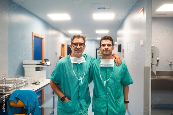 Fototapeta Two surgeons smiling and posing in hospital corridor