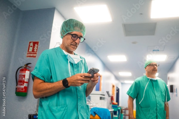 Fototapeta Surgeon checking smartphone in hospital hallway
