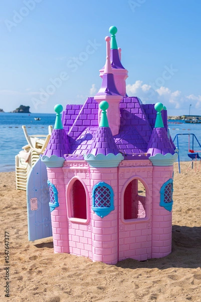 Fototapeta Pink plastic fairy-tale castle on beach sand. Seaside playground with loungers, umbrellas, and mountains in background.