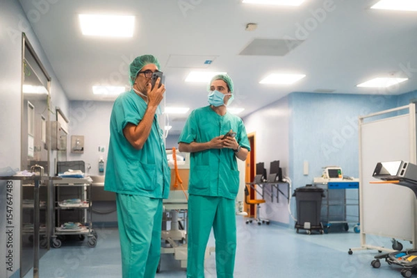Fototapeta Surgeons using smartphones in operating area
