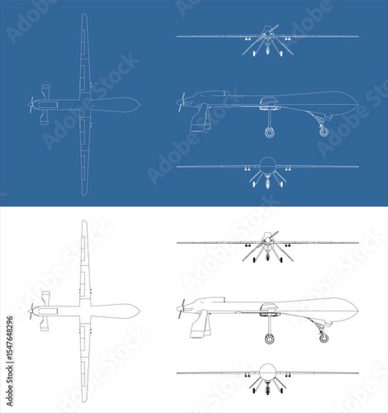 Fototapeta Vector UAV military drone line art draw blueprint wireframe from all view top front side back isolated in transparent background
