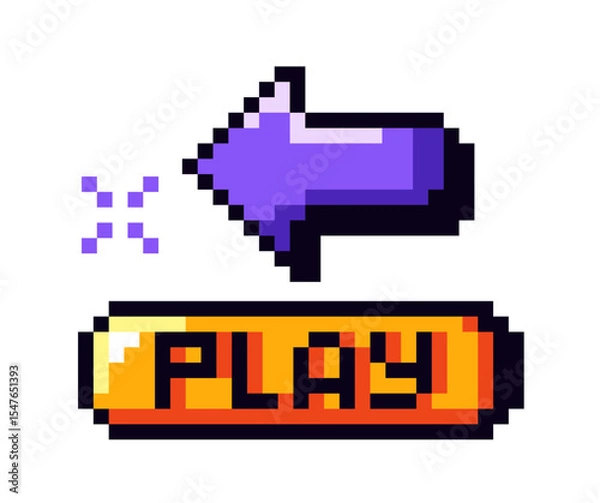 Obraz Purple pixelated arrow pointing left with orange play button in retro style on white background. Concept of gaming interface icon. Vector illustration