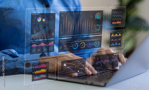 Fototapeta Business analytics, complex data with dashboards, multitasking expert data analyzing financial statistics, market research and digital marketing metrics, KPI, ROI, big data, financial planning