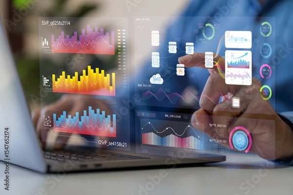 Fototapeta Business analytics, complex data with dashboards, multitasking expert data analyzing financial statistics, market research and digital marketing metrics, KPI, ROI, big data, financial planning