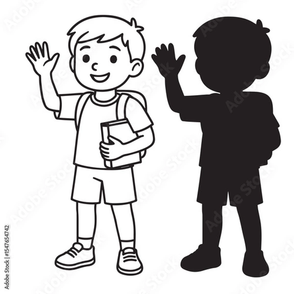 Fototapeta Smiling schoolboy waving, outline and silhouette design.