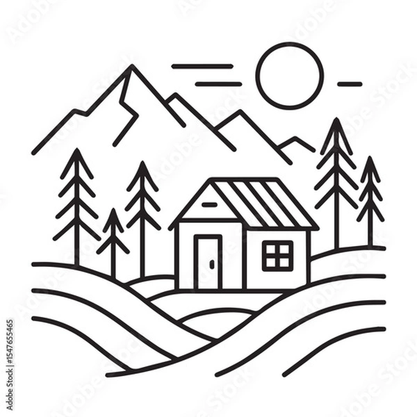 Fototapeta Simple line art illustration of a mountain cabin nestled in a valley.