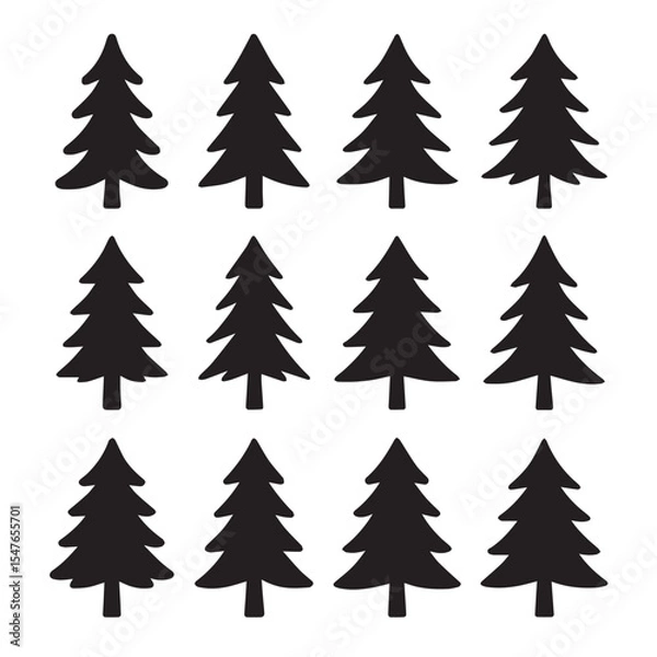 Fototapeta Simple black silhouette Christmas tree icons, perfect for design elements.