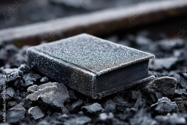 Fototapeta Book Covered in Frost on Coal - A hardcover book with icy frost on its cover lying atop rough black coal