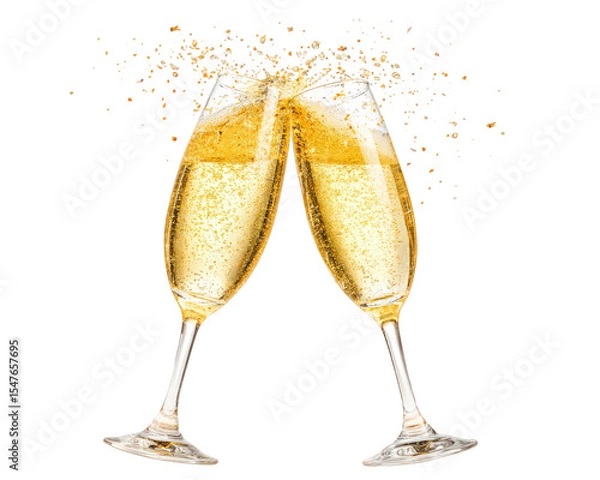 Fototapeta Two champagne flutes clinking together with golden bubbles and sparkling confetti, celebrating festive occasion with elegance and joy