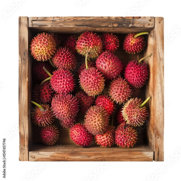 Fototapeta A wooden crate filled with fresh, spiky lychee fruits. The lychees are bright red with green stems, showcasing their unique texture and appearance.
